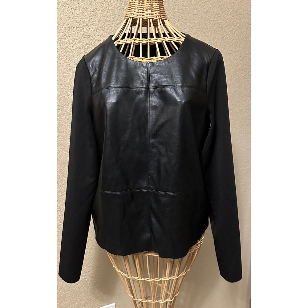 Bagatelle Collection Black Faux Leather Mixed Media Long Sleeve Top Womens Small